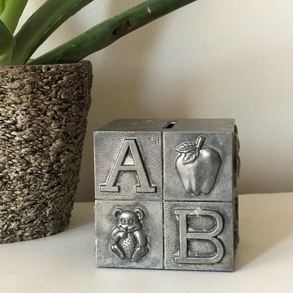 Vintage Other - Vintage 80s Silver Metal Baby Nursery Piggy Bank